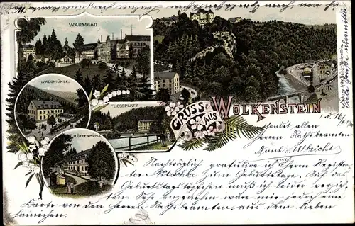 Litho Wolkenstein im Erzgebirge, Gruss, Panorama, Warmbad, Waldmühle, Hüttenmühle