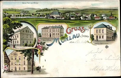Litho Mühlau in Sachsen, Restaurant zur Post, Gasthof zur Linde, Schulze's Restauration, Neue Schule