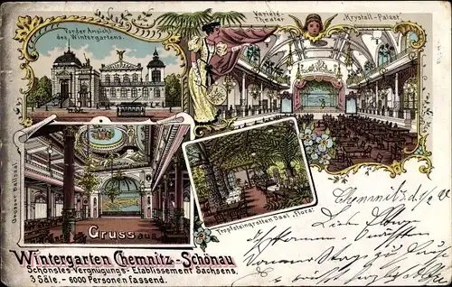 Litho Schönau Chemnitz in Sachsen, Wintergarten, Krystallpalast, Variété Theater, Ballsaal