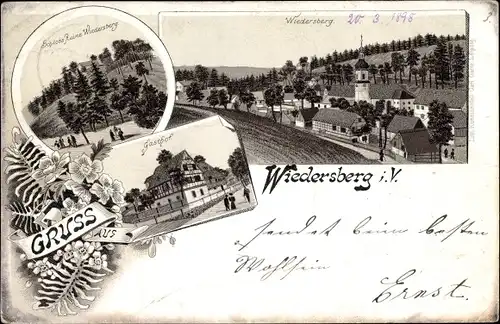 Litho Wiedersberg Triebel Vogtland, Gasthof, Schlossruine, Blick auf den Ort