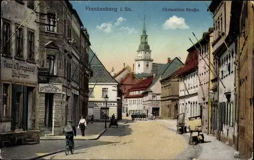 Ak Frankenberg in Sachsen, Blick in die Chemnitzer Straße, Fleischwaren Otto Uhlmann, Drogerie