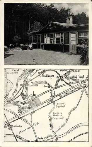 Stadtplan Ak Berlin Zehlendorf Nikolassee, Restaurant Waldhütte, Königsweg
