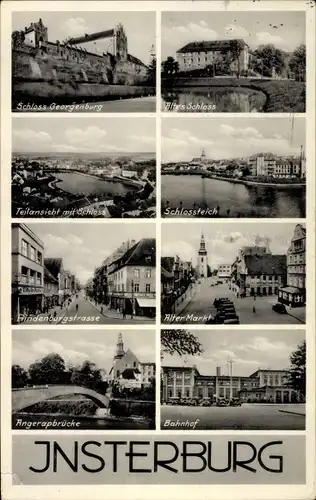 Ak Tschernjachowsk Insterburg Ostpreußen, Bahnhof, Angerapbrücke, Schloss Georgenburg