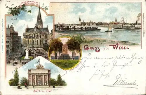 Litho Wesel am Niederrhein, Großer Markt, Wilibrordi Kirche, Berliner Tor, Schill Denkmal