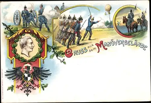 Litho Gruß aus dem Manövergelände, Infanterie, Ulanen, Kaiser Wilhelm II., Ballon