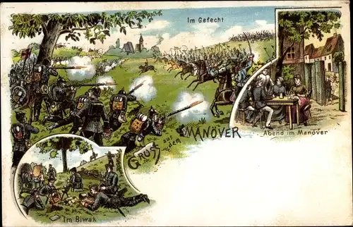 Litho Gruß aus dem Manöver, Im Gefecht, Biwak, Abend