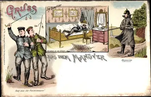Litho Gruß aus dem Manöver, Quartier, Vorposten, Reservisten