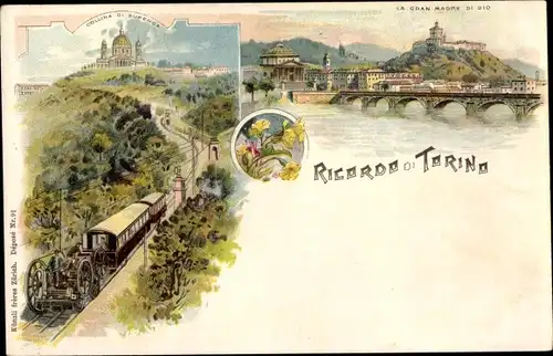 Litho Torino Turin Piemonte, Italienische Eisenbahn, Gran Madre di Dio, Superga