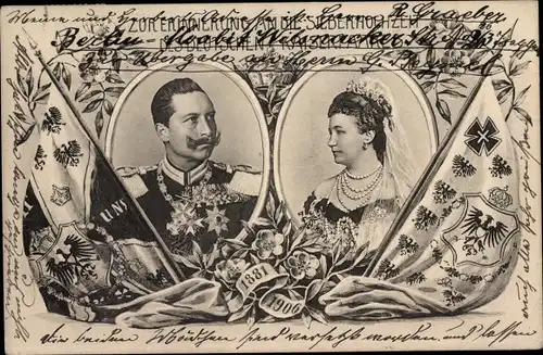 Passepartout Ak Kaiser Wilhelm II., Kaiserin Auguste Viktoria, Fahnen, Silberhochzeit