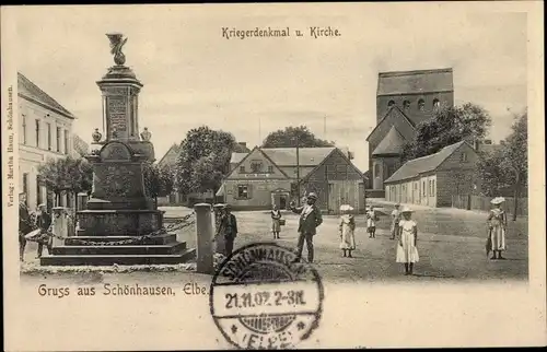 Ak Schönhausen an der Elbe, Kriegerdenkmal, Kirche