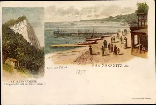 Litho Sassnitz auf Rügen, Stubbenkammer, Königsstuhl, Fischerhütte, Blick vom Utkiek