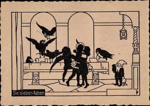 Scherenschnitt Ak Die sieben Raben, Märchen, Gebrüder Grimm