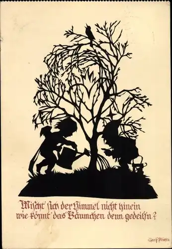 Scherenschnitt Ak Plischke, Georg, Engel und Zwerg gießen einen Baum