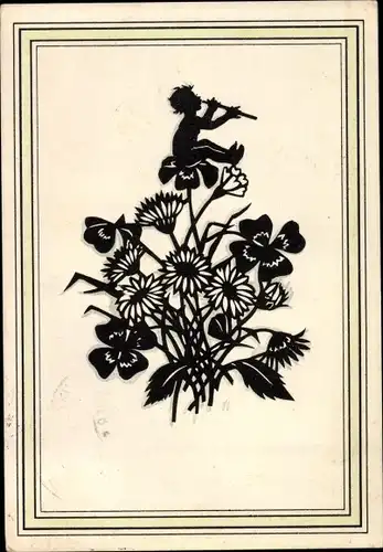 Scherenschnitt Ak Elfe mit Flöte, Kleeblätter, Blumen