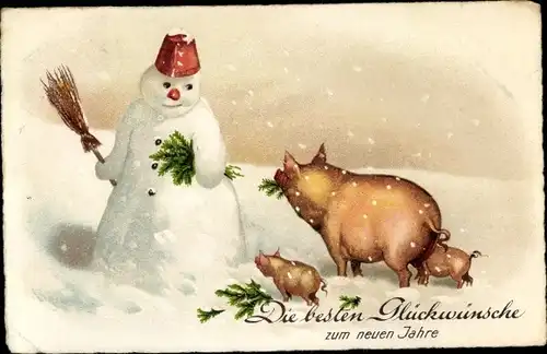 Ak Glückwunsch Neujahr, Schneemann, Schweine, Ferkel