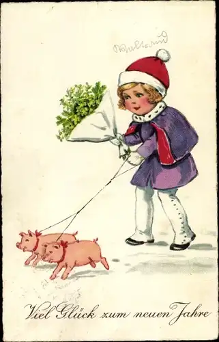 Ak Glückwunsch Neujahr, Mädchen mit Schweinen