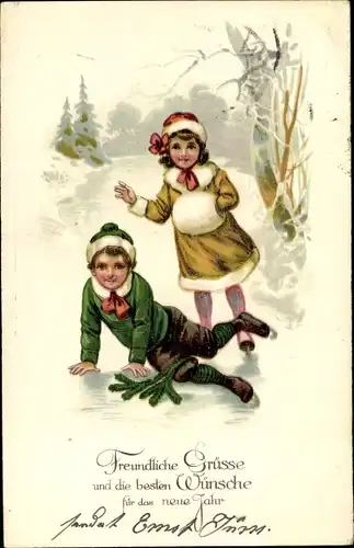 Ak Glückwunsch Neujahr, Junge und Mädchen beim Eislaufen