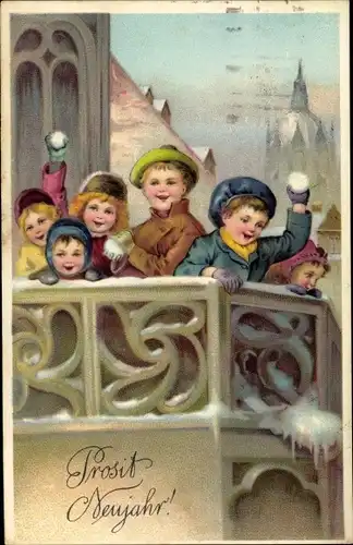 Ak Glückwunsch Neujahr, Kinder mit Schneebällen