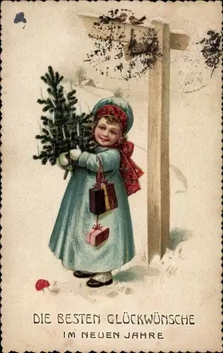 Ak Glückwunsch Neujahr, Mädchen mit Tannenbaum und Geschenken