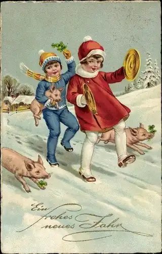 Ak Glückwunsch Neujahr, Junge und Mädchen mit Schweinen, Winterlandschaft