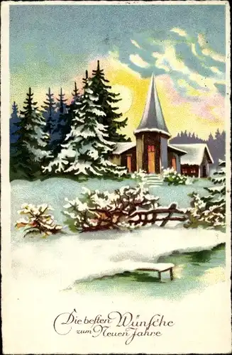 Ak Glückwunsch Neujahr, Winterlandschaft mit Kirche