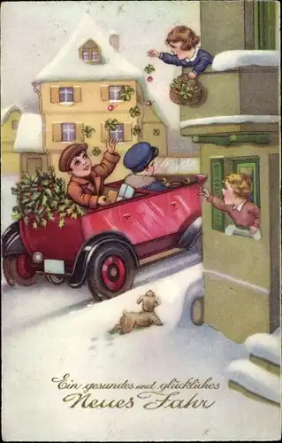 Ak Glückwunsch Neujahr, Automobil, Kind wirft Kleeblätter vom Balkon