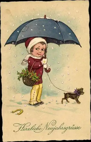 Ak Glückwunsch Neujahr, Mädchen mit Hund und Regenschirm im Schneefall, Stechpalmenzweige