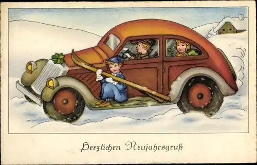 Ak Glückwunsch Neujahr, Auto, Kinder, Ski, Glücksklee