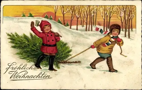 Ak Glückwunsch Weihnachten, Kinder, Tannenbaum, Axt, Wald