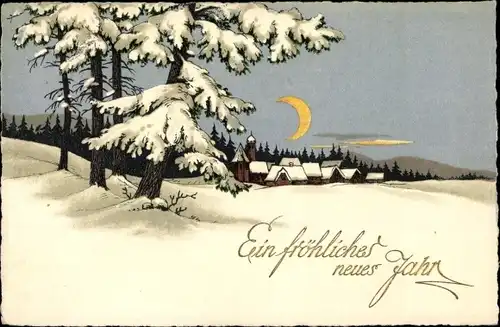 Ak Glückwunsch Neujahr, Winterlandschaft im Mondschein