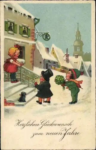 Ak Glückwunsch Neujahr, Kinder, Besuch, Glücksklee