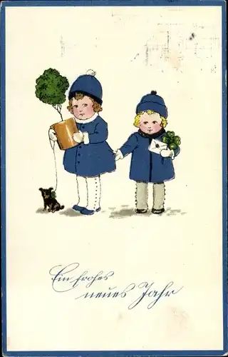 Ak Glückwunsch Neujahr, Kinder, Baum, Hund, Glücksklee