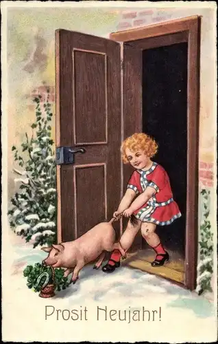 Ak Glückwunsch Neujahr, Mädchen, Schweinchen will Glücksklee fressen, Hufeisen