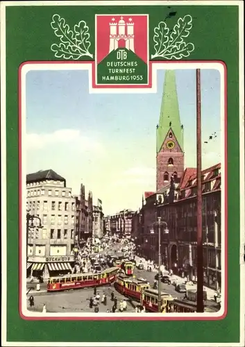 Ak Hamburg, Turnfest 1953, Verkehr am Rathaus, Straßenbahnen