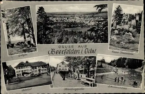 Ak Beerfelden Oberzent im Odenwald, Ruine Freienstein, Galgen, Panorama, Metzkeil, Mümlingquelle