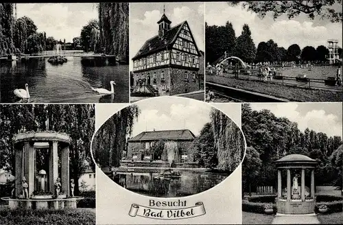 Ak Bad Vilbel in Hessen, Gesamtansicht, See, Fachwerkhaus, Schwimmbad