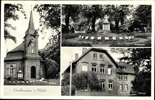 Ak Großenaspe in Holstein, Kirche, Ehrenmal, Schule