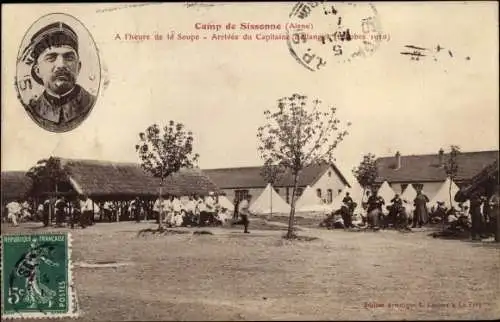 Ak Sissonne Aisne, Camp, A l'heure de la Soupe, Arrivee du Capitaine Bellenger