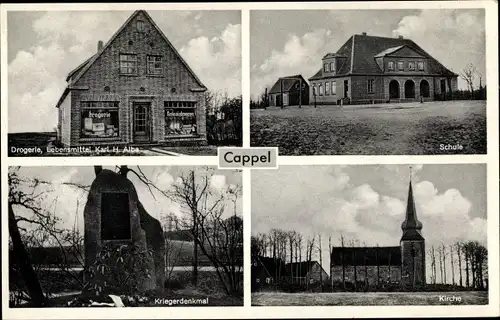 Ak Cappel Wurster Nordseeküste, Kriegerdenkmal, Kirche, Schule, Drogerie