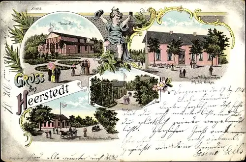 Litho Heerstedt Beverstedt in Niedersachsen, Zum Wadschlösschen, Garten, Tanzsaal, Chaussee
