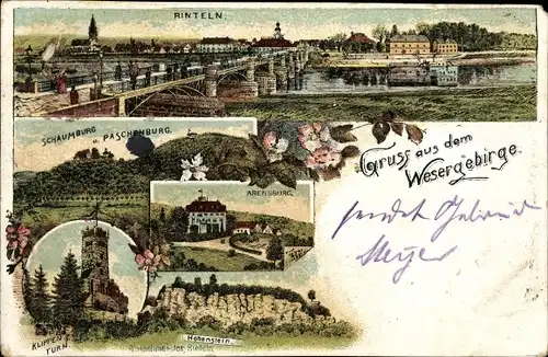 Litho Rinteln an der Weser, Hohenstein, Klippenturm, Arensburg, Schaumburg, Paschenburg