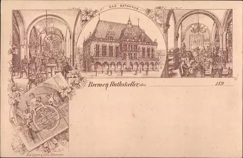 Litho Hansestadt Bremen, Rathaus, Ratskeller, Austernhandlung Ludewigs & Grote