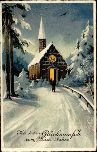 Ak Glückwunsch Neujahr, Kirche, Straßenpartie