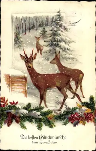 Ak Glückwunsch Neujahr, Rehe, Tannenbaum, Zapfen