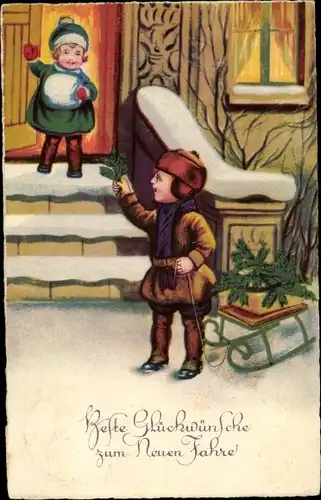Ak Glückwunsch Neujahr, Kinder, Schlitten, Tannenzweige