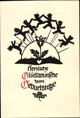 Scherenschnitt Ak Plischke, Georg, Glückwunsch Geburtstag, Kinder, Blume
