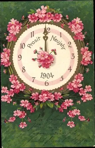 Ak Glückwunsch Neujahr 1904, Uhr, Blumen