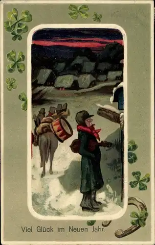 Präge Ak Glückwunsch Neujahr, Glücksklee, Hufeisen, Trommel