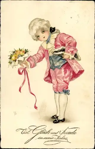 Ak Glückwunsch Neujahr, Eleganter Junge mit Blumenstrauß