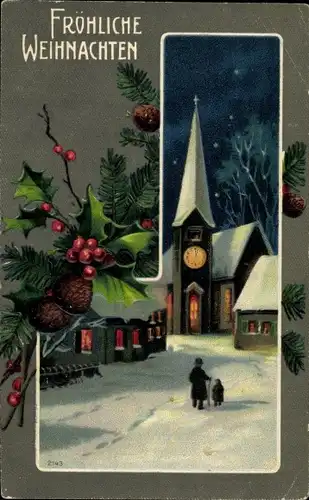Präge Ak Glückwunsch Weihnachten, Kirche, Stechpalme, Zapfen
